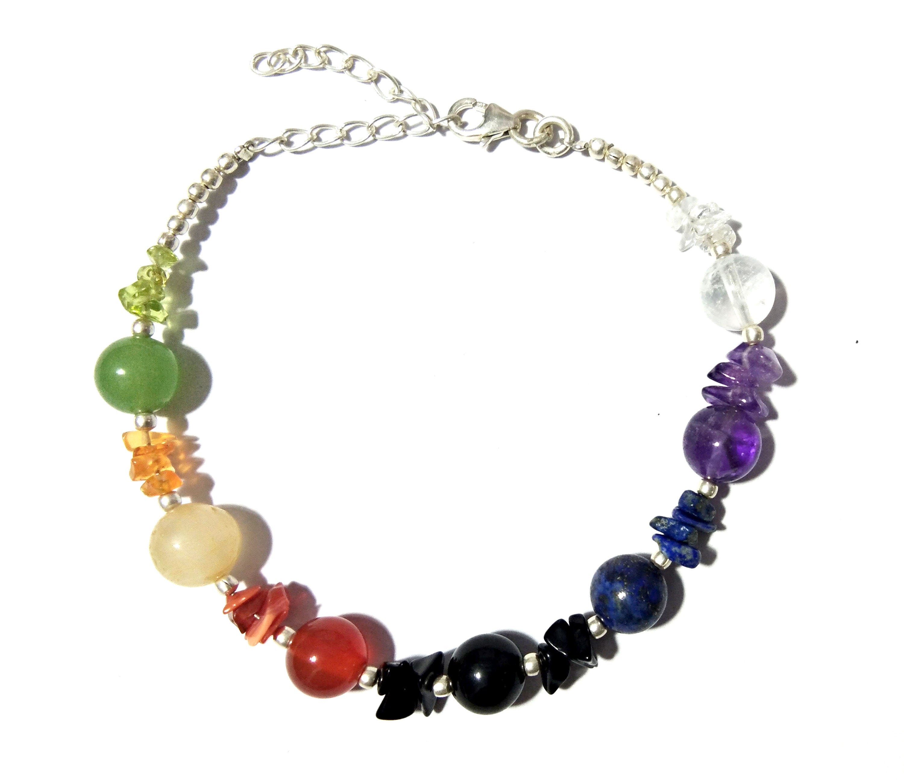 925 Sterling Silver With Natural Gemstone 7 Chakra Bracelet, Reiki Healing Crystal Gemstone Anxiety Healing Crystal Bracelet Yoga Energy